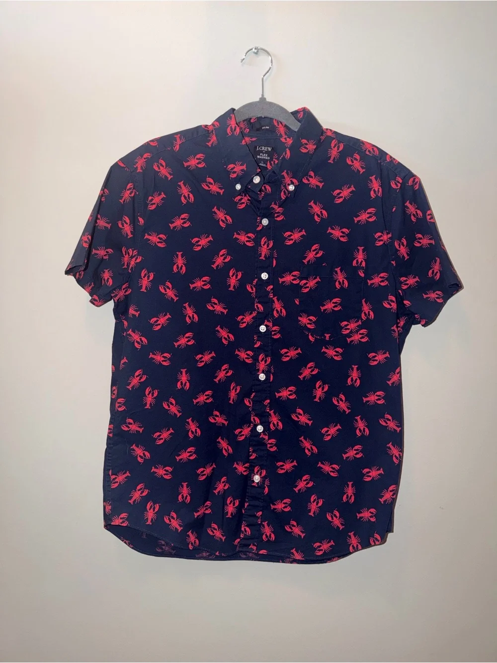 J. Crew Navy Short-Sleeve Button-Down with Red Lobster Print